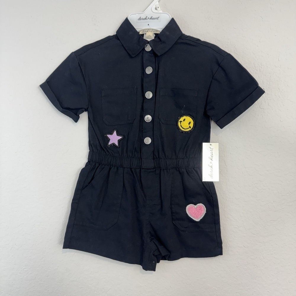 NEW Derek Heart Snap Front Black Romper Girls 6 Smiley Patch summer outfit